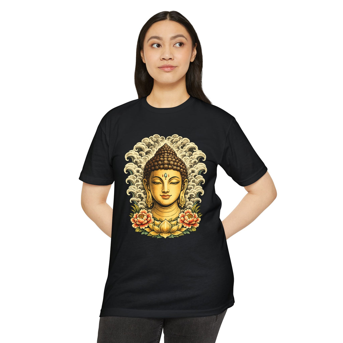T-Shirt, Short Sleeve Boxy Crew Neck - Buddha Head Floral