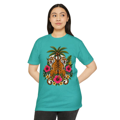 T-Shirt, Short Sleeve Boxy Crew Neck - Tiger Tiger Tropics Vintage Floral Palm