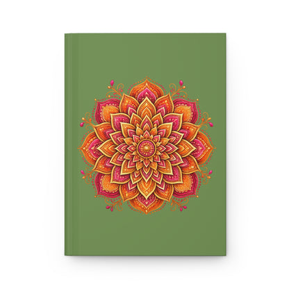 Journal Notebook, Hardcover Lined - Orange Boho Floral Mandala (green)