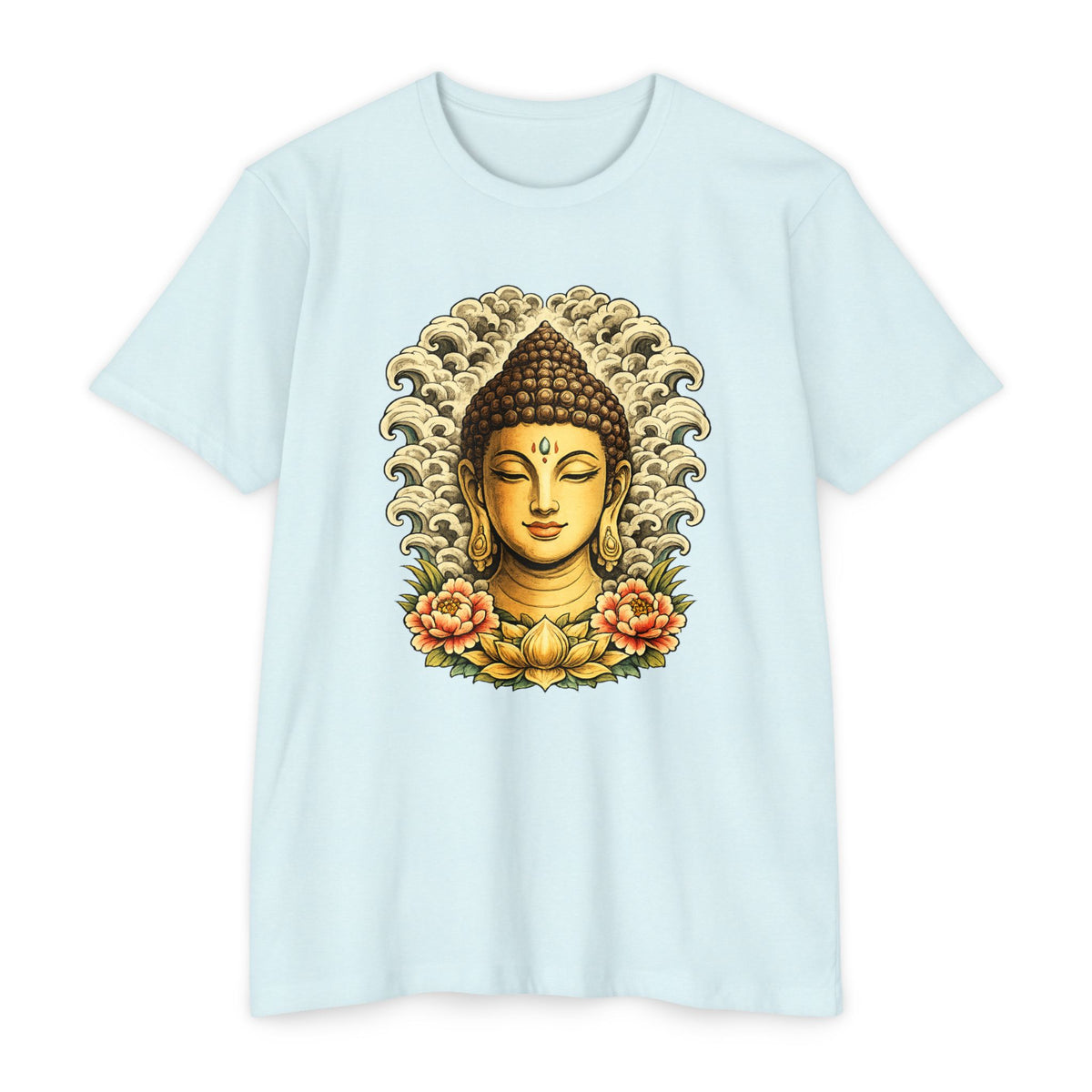 T-Shirt, Short Sleeve Boxy Crew Neck - Buddha Head Floral