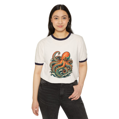 T-Shirt, Ringer - Octopus Ocean Waves