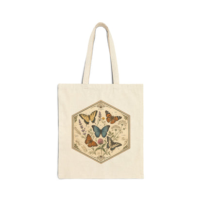 Vintage Hexagon Butterflies & Floral Canvas Tote Bag