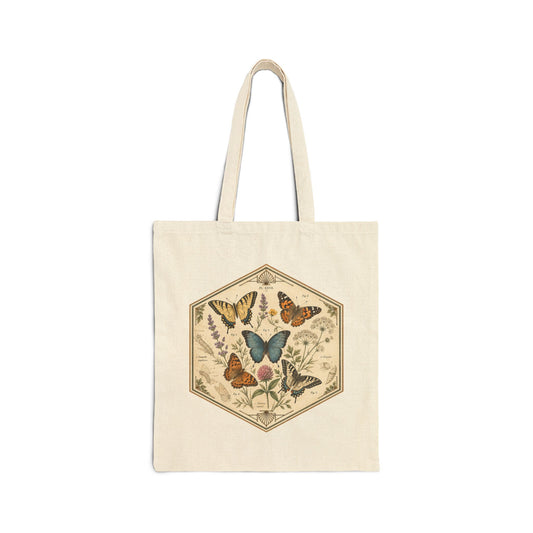 Vintage Hexagon Butterflies & Floral Canvas Tote Bag