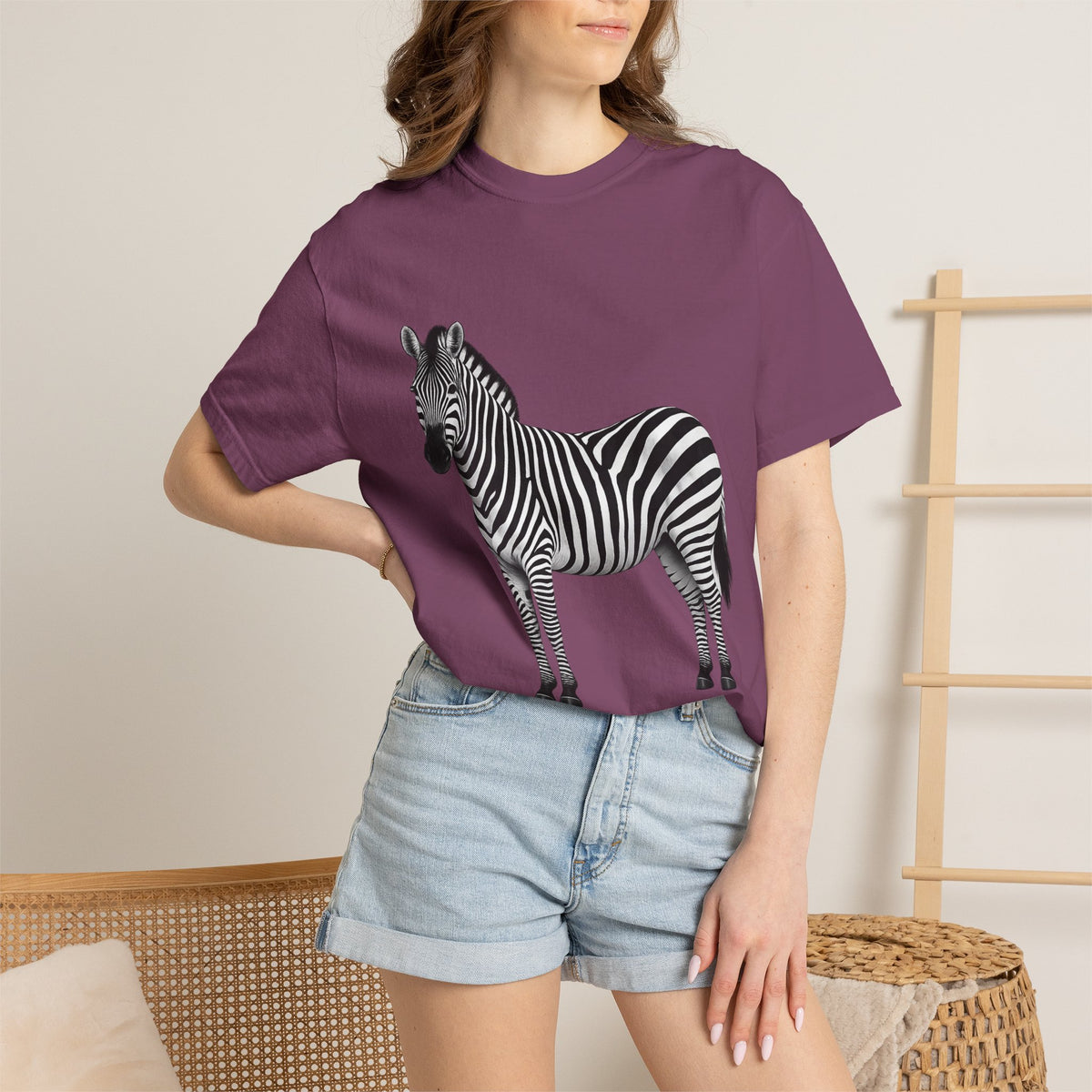 T-Shirt, Short Sleeve Boxy Crew Neck - Zebra Side View Standing