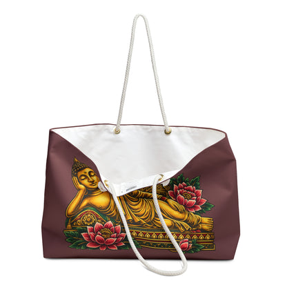 Reclining Buddha Weekender Bag — Golden Buddha Travel Tote with Lotus