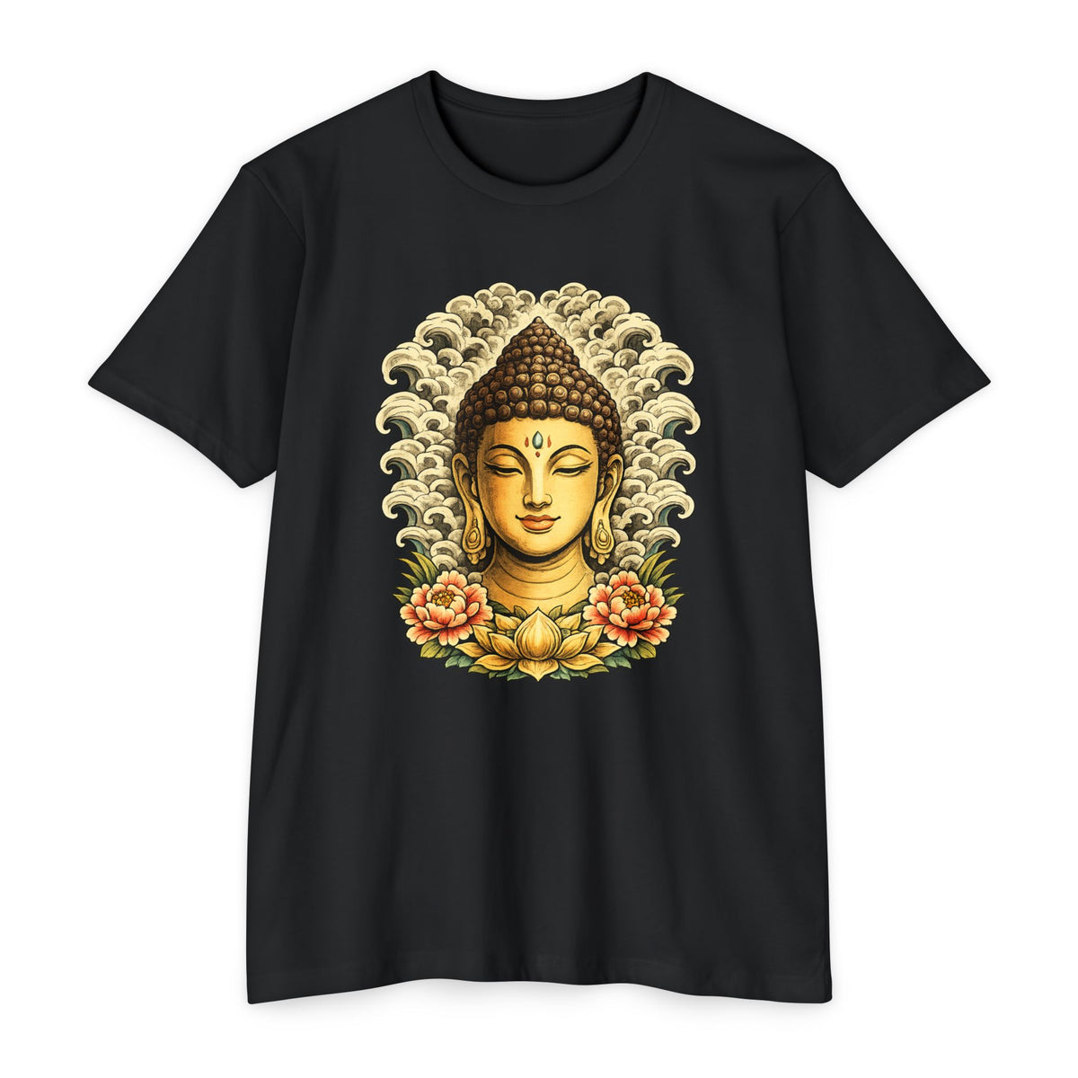 T-Shirt, Short Sleeve Boxy Crew Neck - Buddha Head Floral