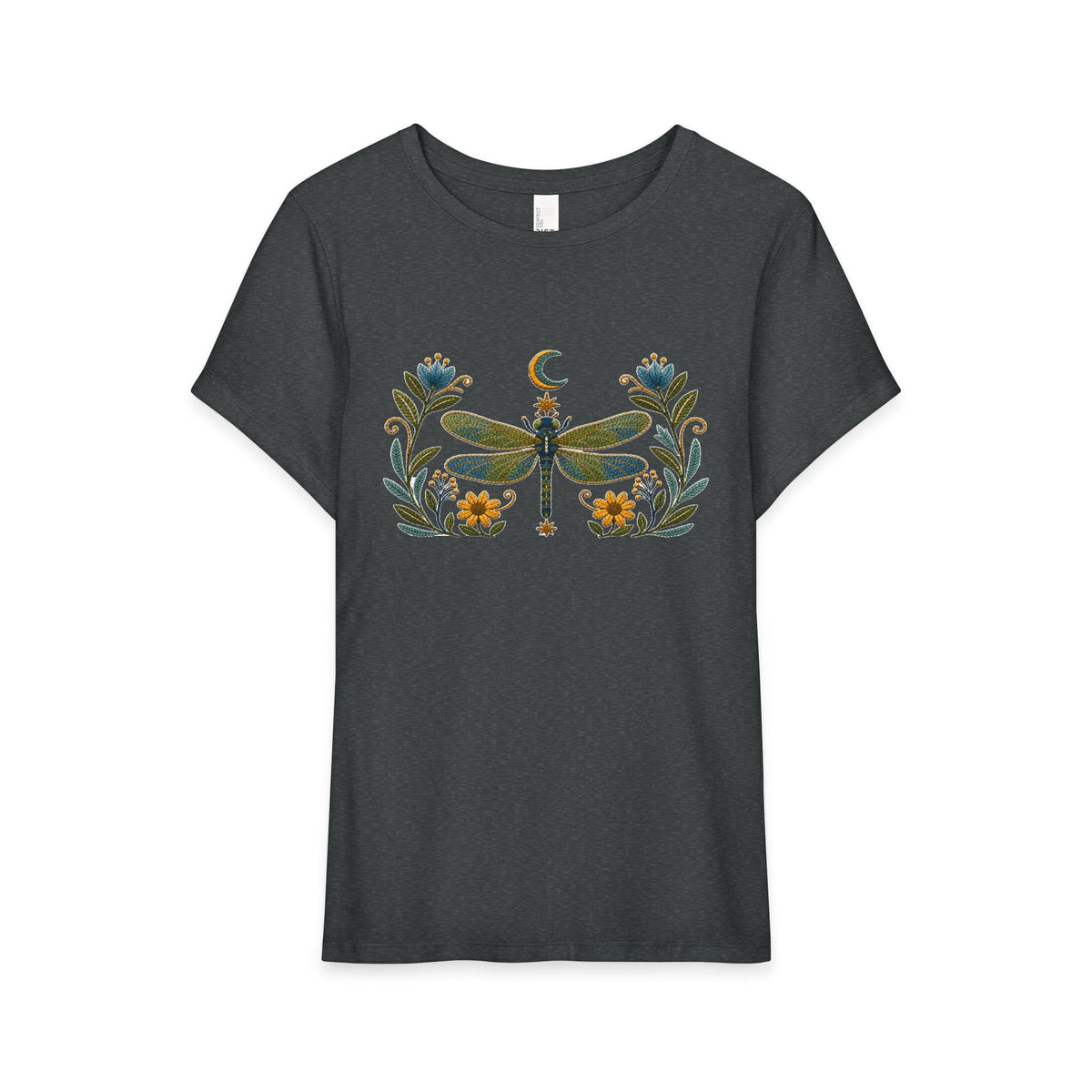 T-Shirt, Short Sleeve Wide Neck Relaxed Fit - Floral Dragonfly & Moon
