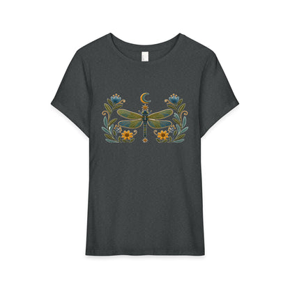 T-Shirt, Short Sleeve Wide Neck Relaxed Fit - Floral Dragonfly & Moon