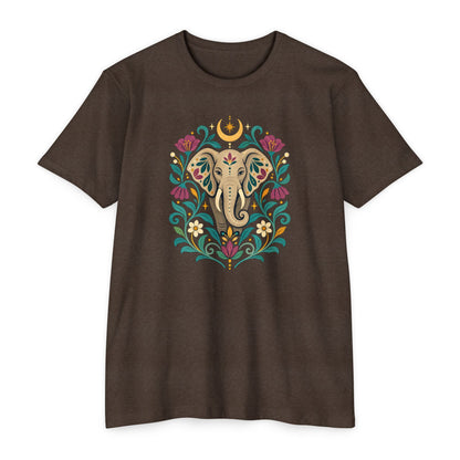 T-Shirt, Short Sleeve Boxy Crew Neck - Boho Indian-Inspired Elephant Floral