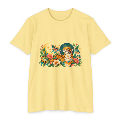 T-Shirt, Short Sleeve Boxy Crew Neck- Tiger Moon Celestial Floral
