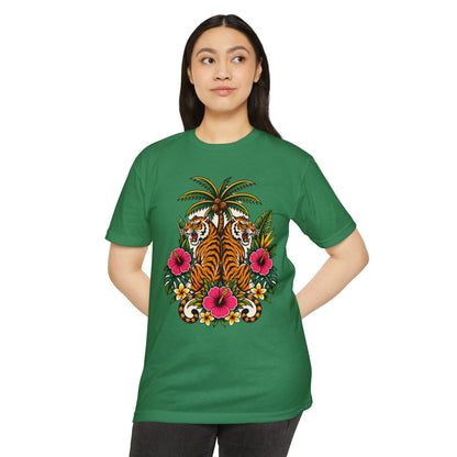 T-Shirt, Short Sleeve Boxy Crew Neck - Tiger Tiger Tropics Vintage Floral Palm