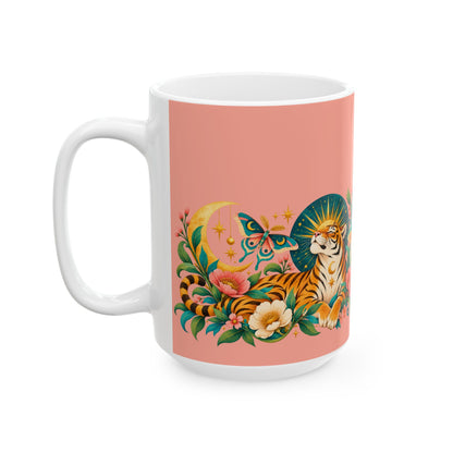 Mug, Ceramic 11oz & 15oz -Tiger Moon Floral (pink)