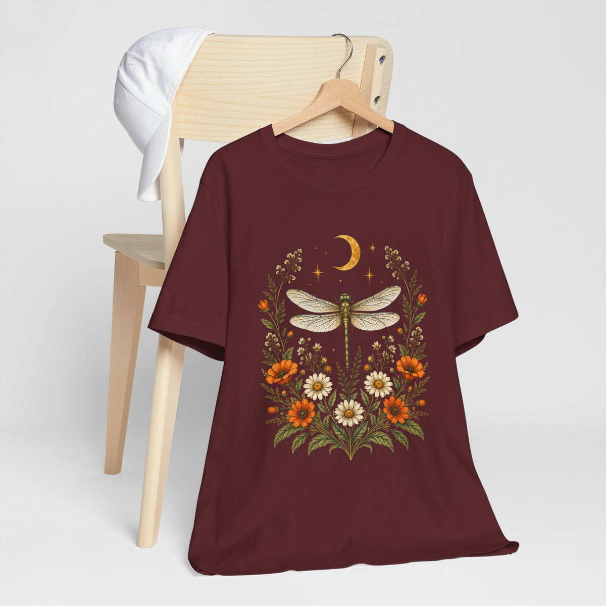 T-Shirt, Short Sleeve Boxy Crew Neck - Boho Dragonfly Moon