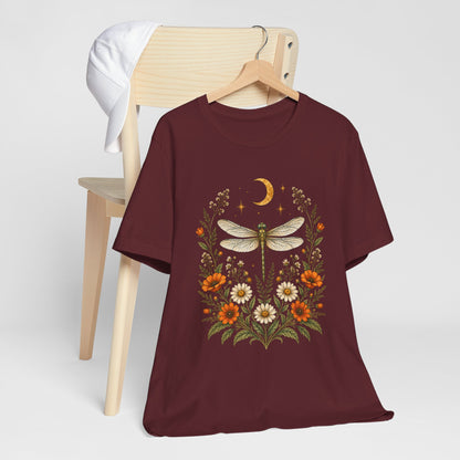 T-Shirt, Short Sleeve Boxy Crew Neck - Boho Dragonfly Moon