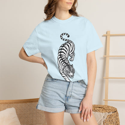 T-Shirt, Short Sleeve Boxy Crew Neck - Black & White Tiger