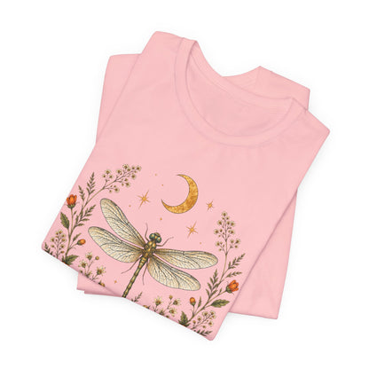 T-Shirt, Short Sleeve Boxy Crew Neck - Boho Dragonfly Moon