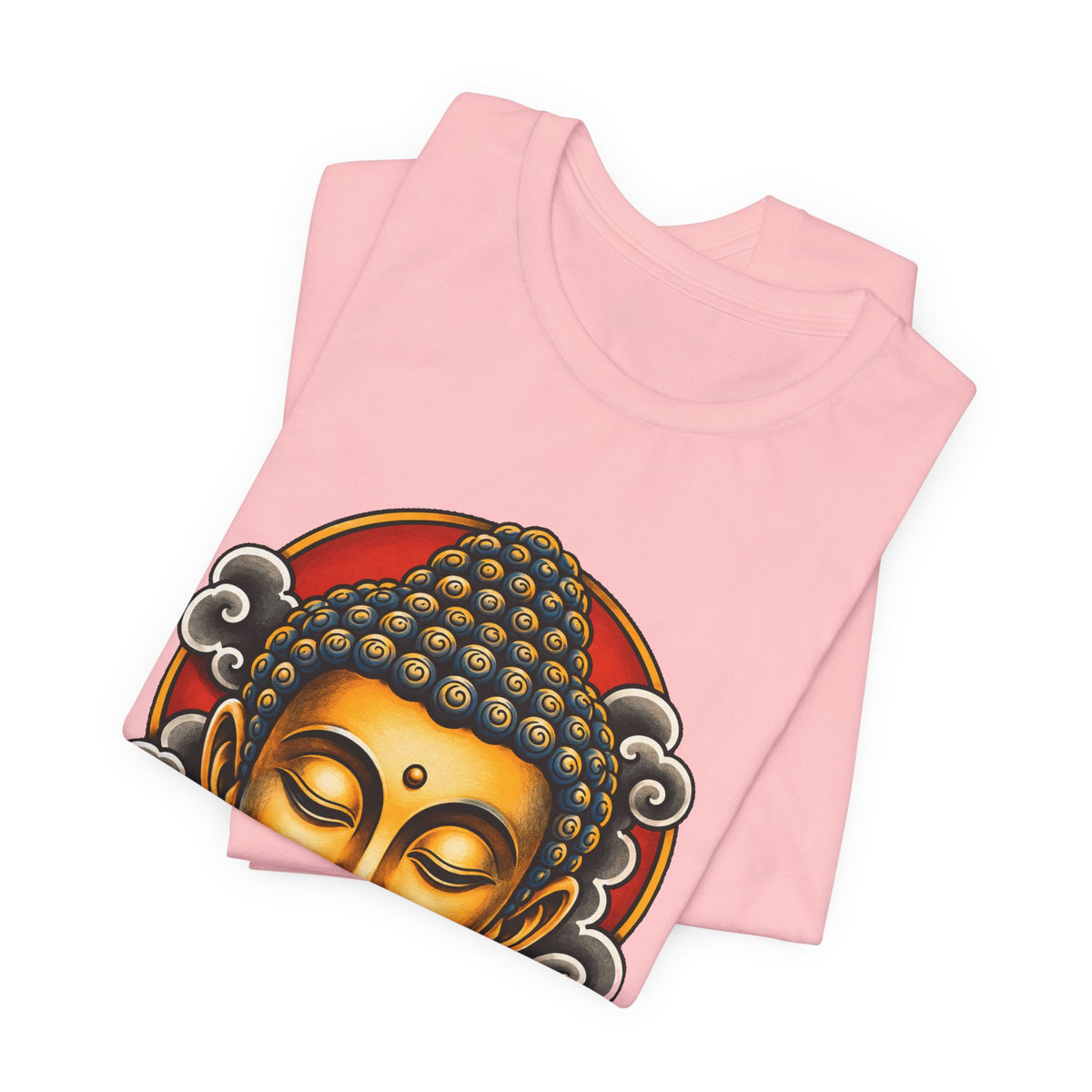 T‑Shirt, Short Sleeve Boxy Crew Neck - Golden Buddha Head with Lotus