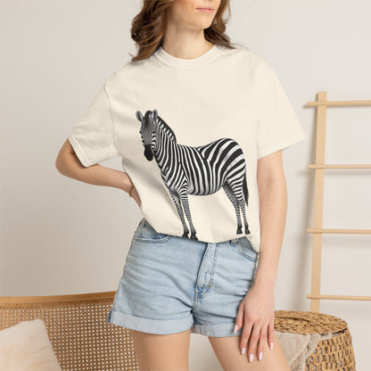 T-Shirt, Short Sleeve Boxy Crew Neck - Zebra Side View Standing