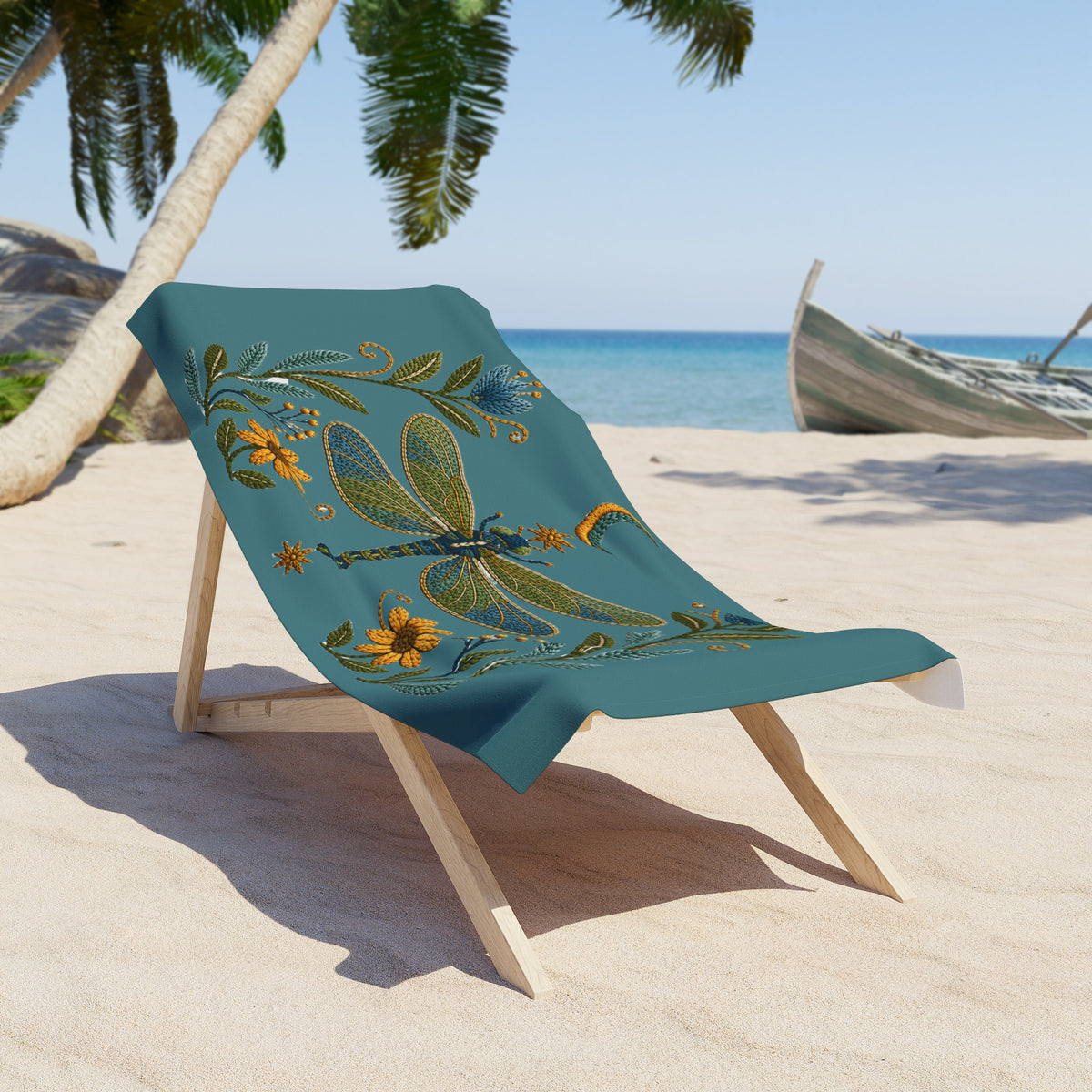 Towel, Beach - Floral Dragonfly & Moon (teal)