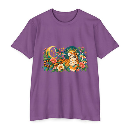 T-Shirt, Short Sleeve Boxy Crew Neck- Tiger Moon Celestial Floral