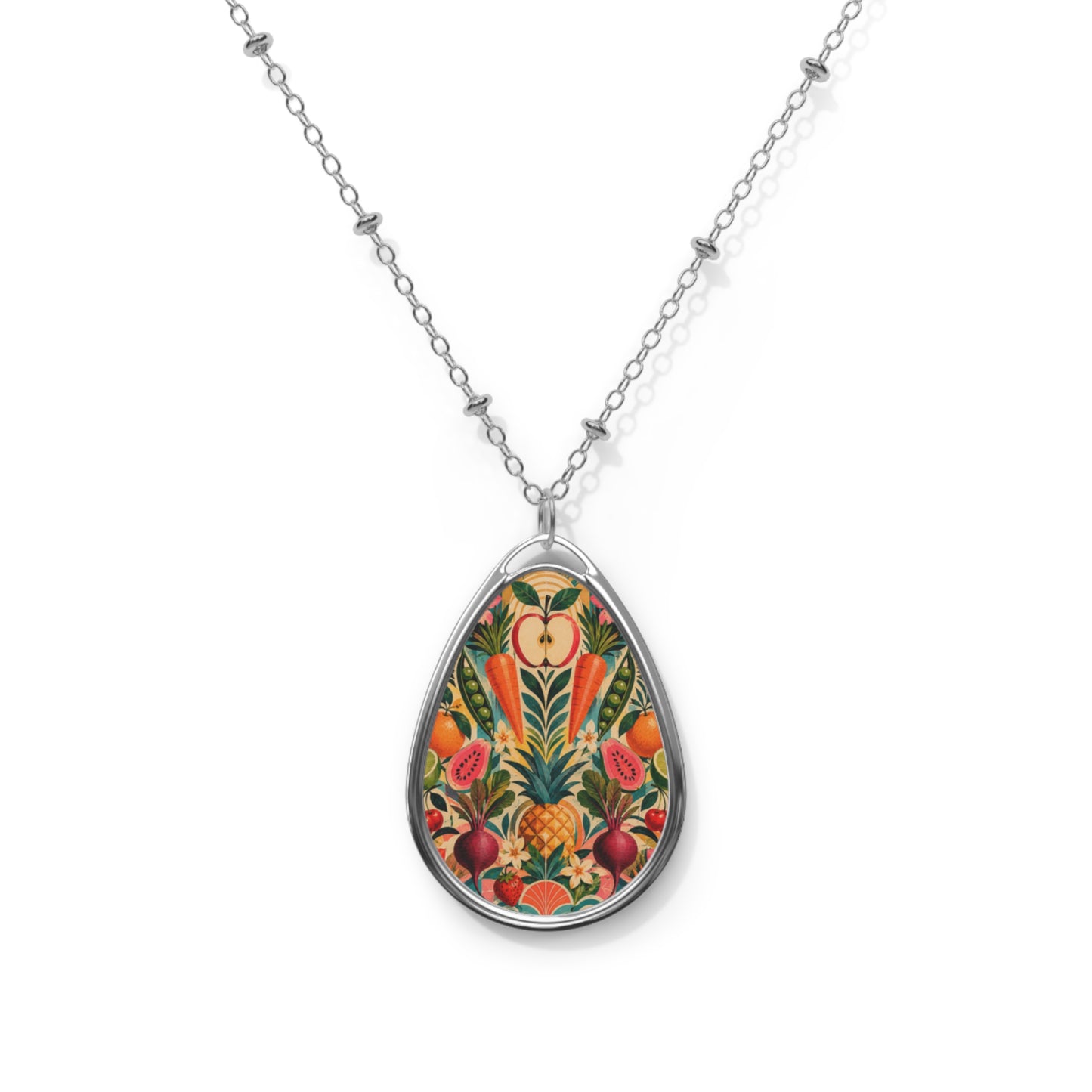 Floral Folk Art Oval Pendant Necklace