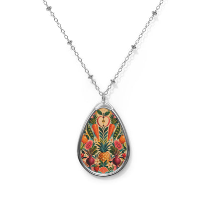 Floral Folk Art Oval Pendant Necklace