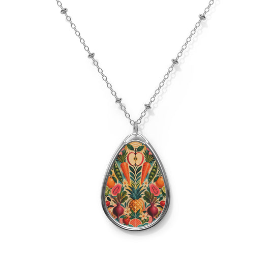 Floral Folk Art Oval Pendant Necklace