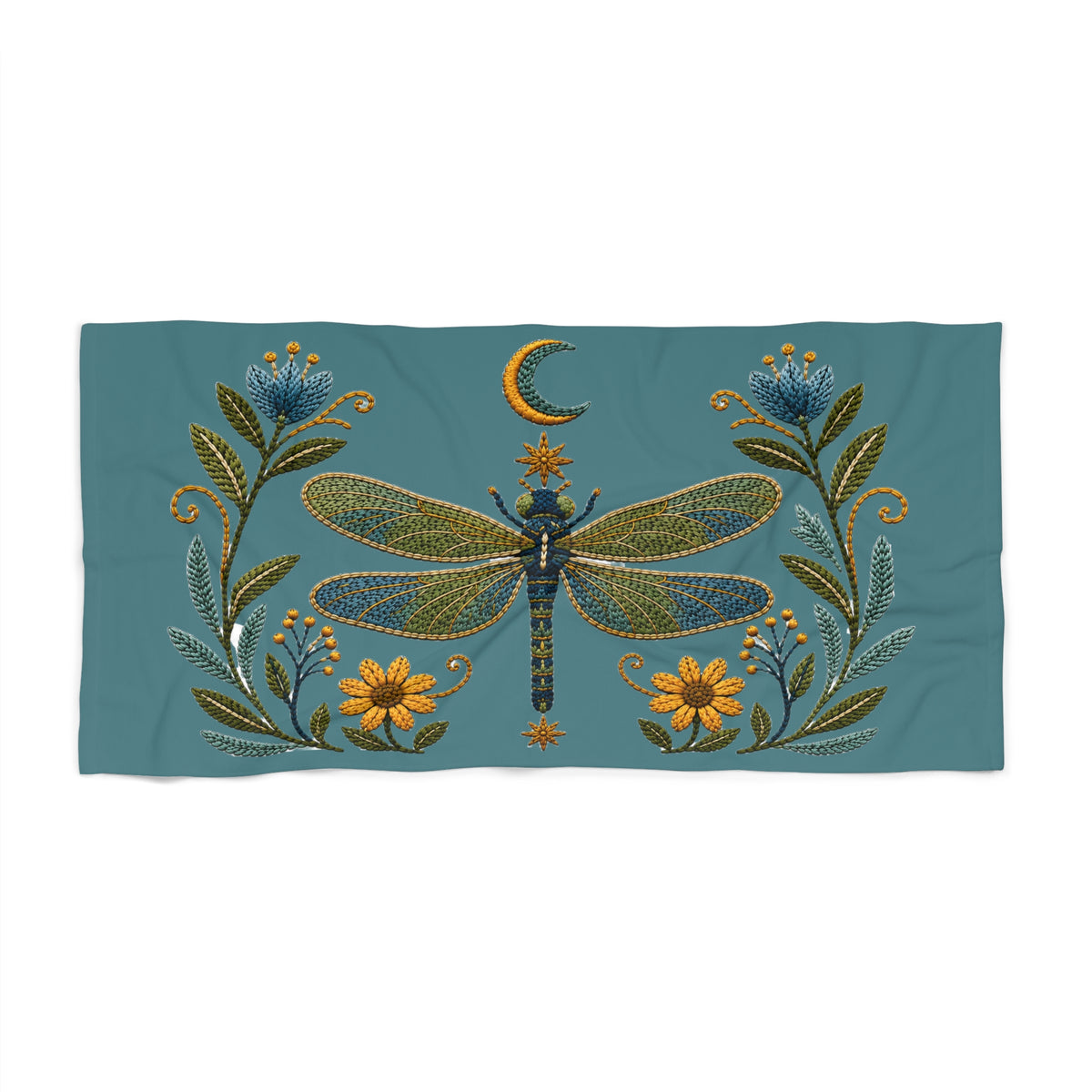 Towel, Beach - Floral Dragonfly & Moon (teal)