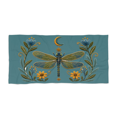 Towel, Beach - Floral Dragonfly & Moon (teal)