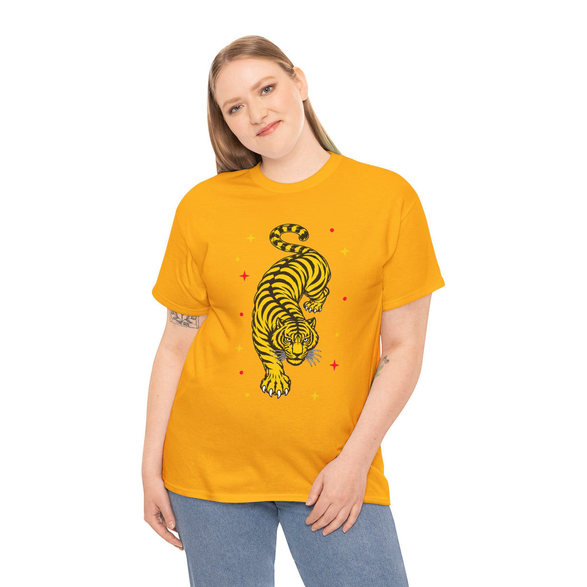T-Shirt, Short Sleeve Boxy Crewneck - Yellow Tiger