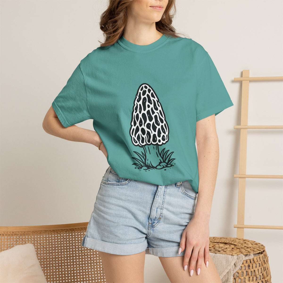 T-Shirt, Short Sleeve Boxy Crew Neck - Hand-Drawn Forager Morel Mushroom