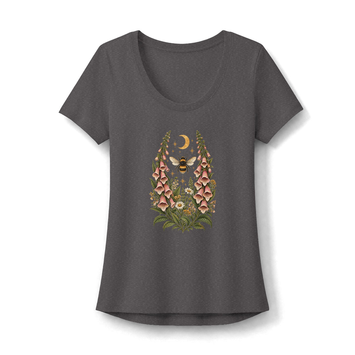T-Shirt, Short Sleeve Scoop Neck - Botanical Bee, Moon & Foxglove
