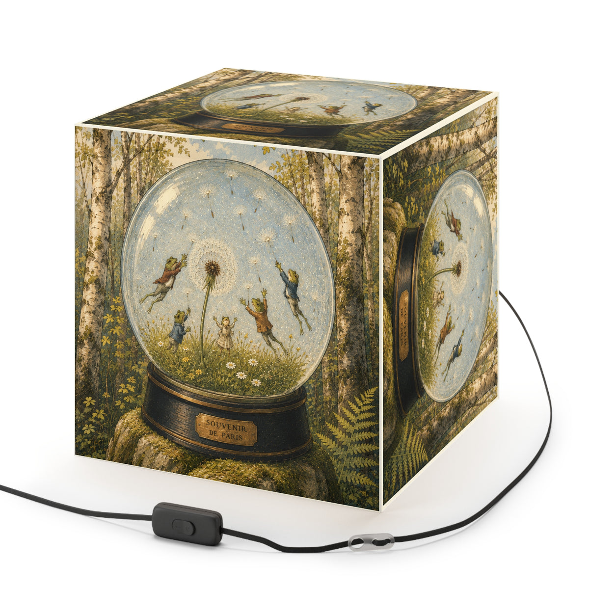 Frogs and Dandelions in a Snow Globe Cube Lamp