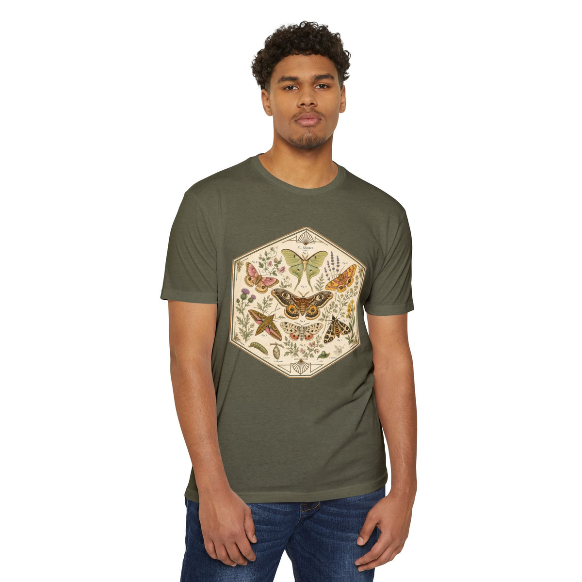 T-Shirt, Short Sleeve Boxy Crew Neck - Moth & Botanicals Hexagon Vintage Nature Illustration