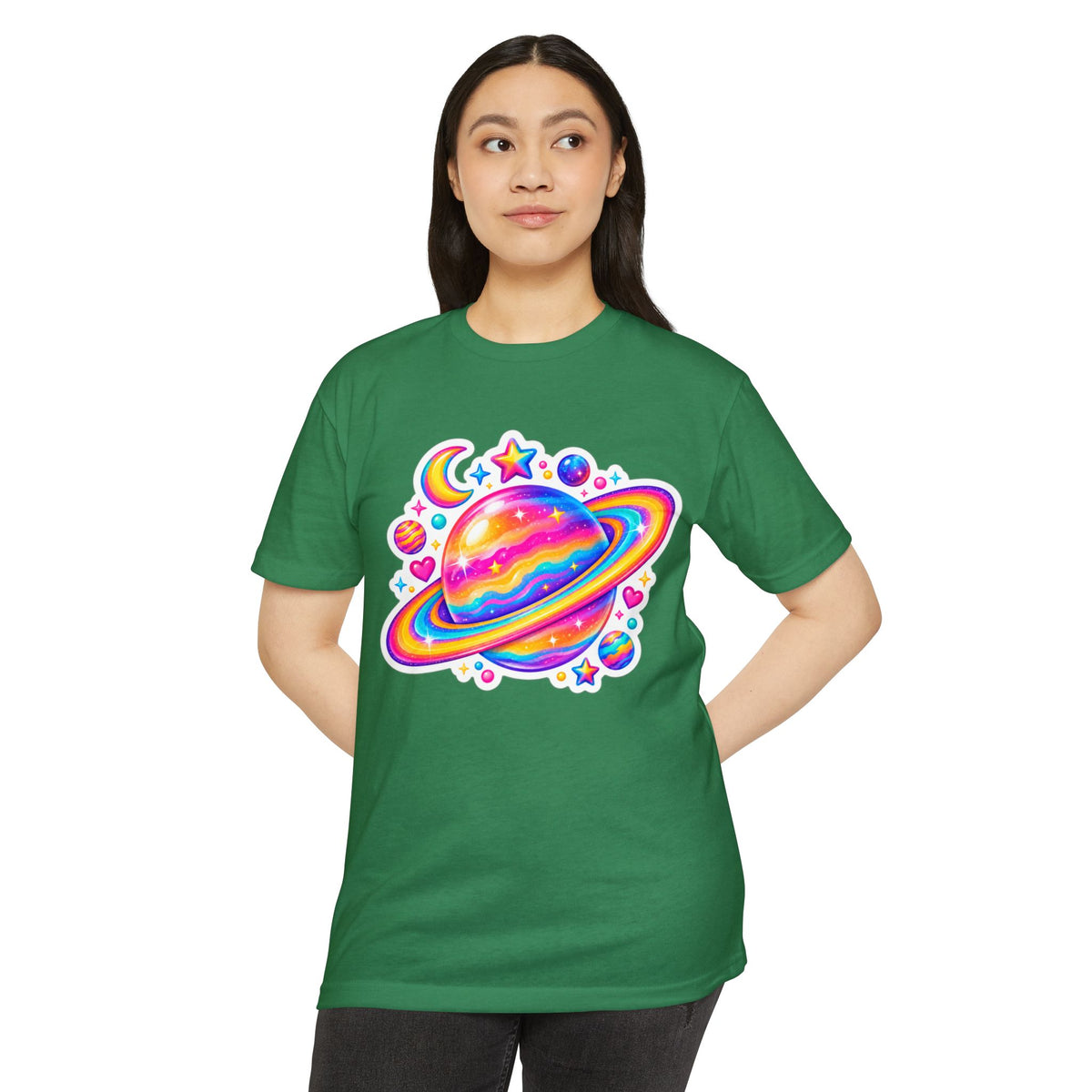 T‑Shirt, Short Sleeve Boxy Crew Neck - Rainbow Planet Cosmic Space