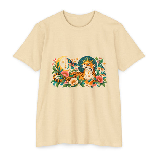 T-Shirt, Short Sleeve Boxy Crew Neck- Tiger Moon Celestial Floral