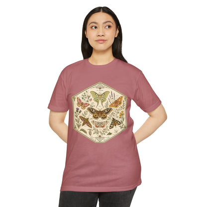 T-Shirt, Short Sleeve Boxy Crew Neck - Moth & Botanicals Hexagon Vintage Nature Illustration