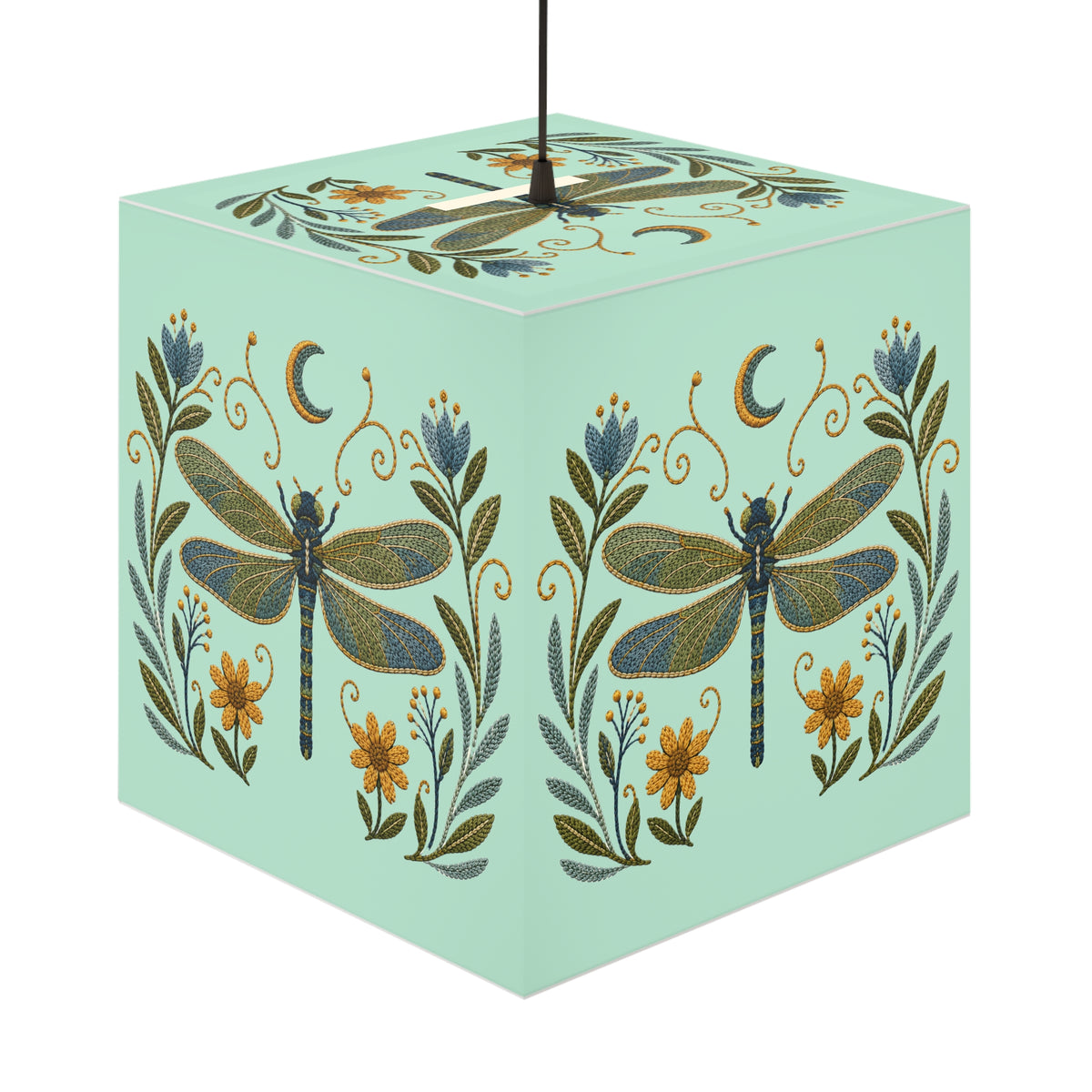 Cube Lamp, Decorative - Floral Dragonfly & Moon (light blue)
