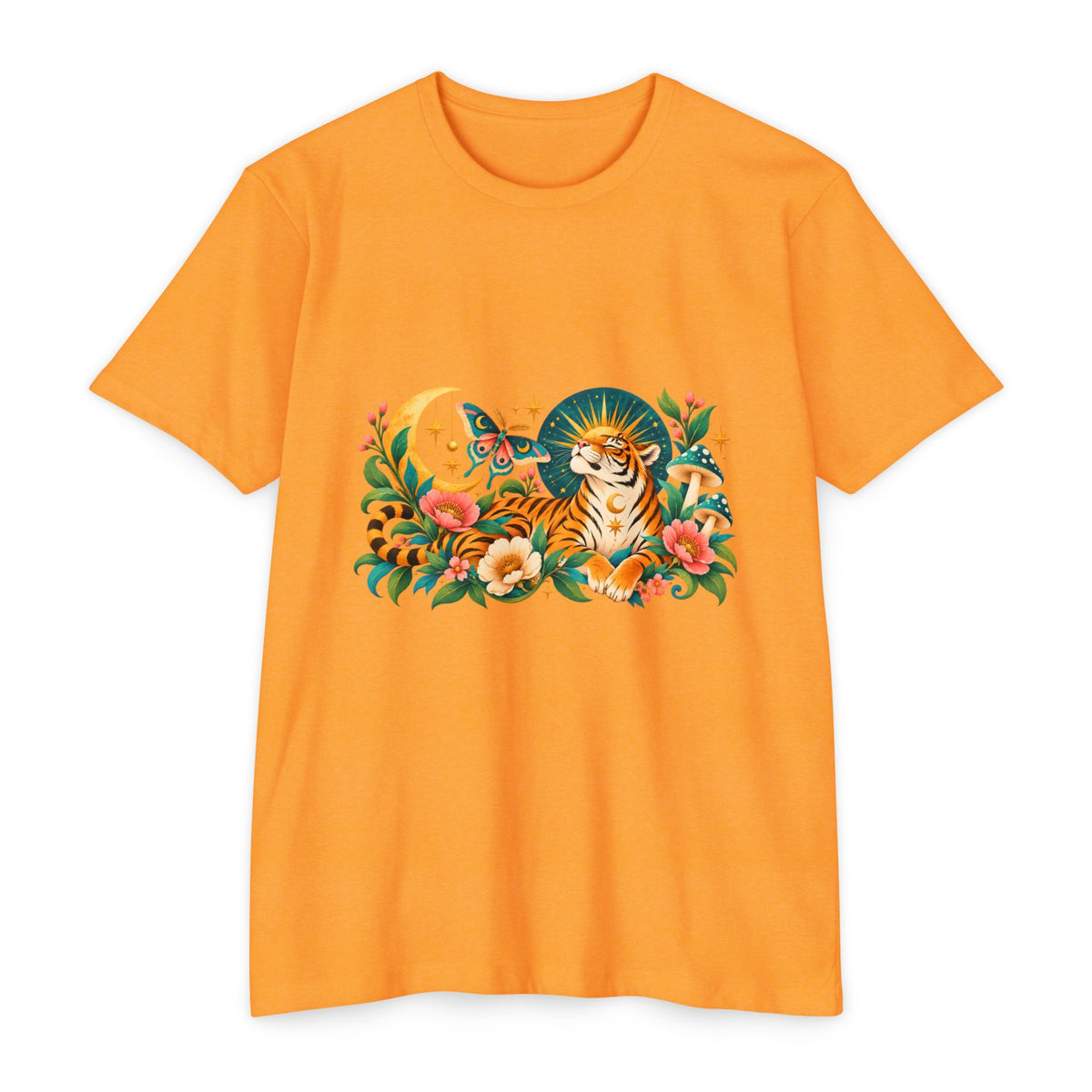 T-Shirt, Short Sleeve Boxy Crew Neck- Tiger Moon Celestial Floral