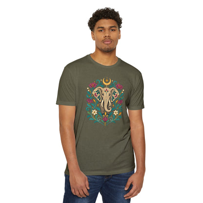 T-Shirt, Short Sleeve Boxy Crew Neck - Boho Indian-Inspired Elephant Floral