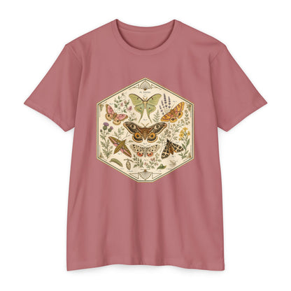 T-Shirt, Short Sleeve Boxy Crew Neck - Moth & Botanicals Hexagon Vintage Nature Illustration