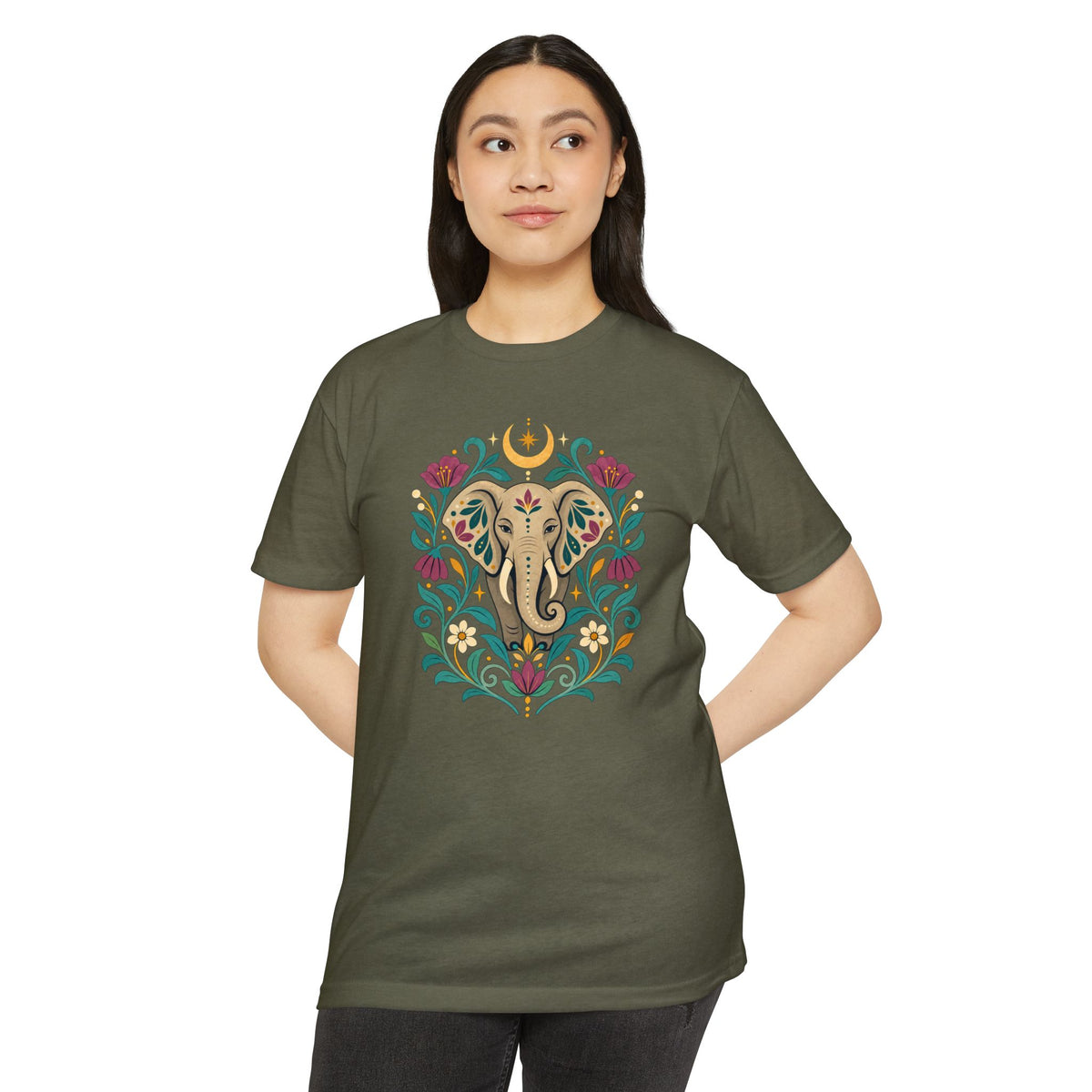 T-Shirt, Short Sleeve Boxy Crew Neck - Boho Indian-Inspired Elephant Floral
