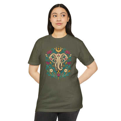 T-Shirt, Short Sleeve Boxy Crew Neck - Boho Indian-Inspired Elephant Floral