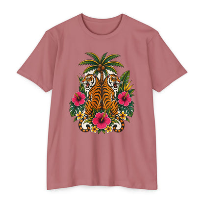 T-Shirt, Short Sleeve Boxy Crew Neck - Tiger Tiger Tropics Vintage Floral Palm