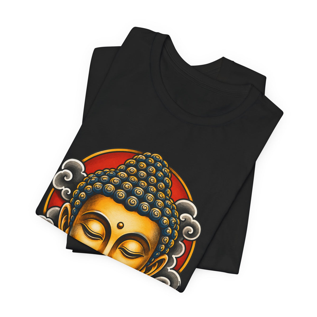 T‑Shirt, Short Sleeve Boxy Crew Neck - Golden Buddha Head with Lotus