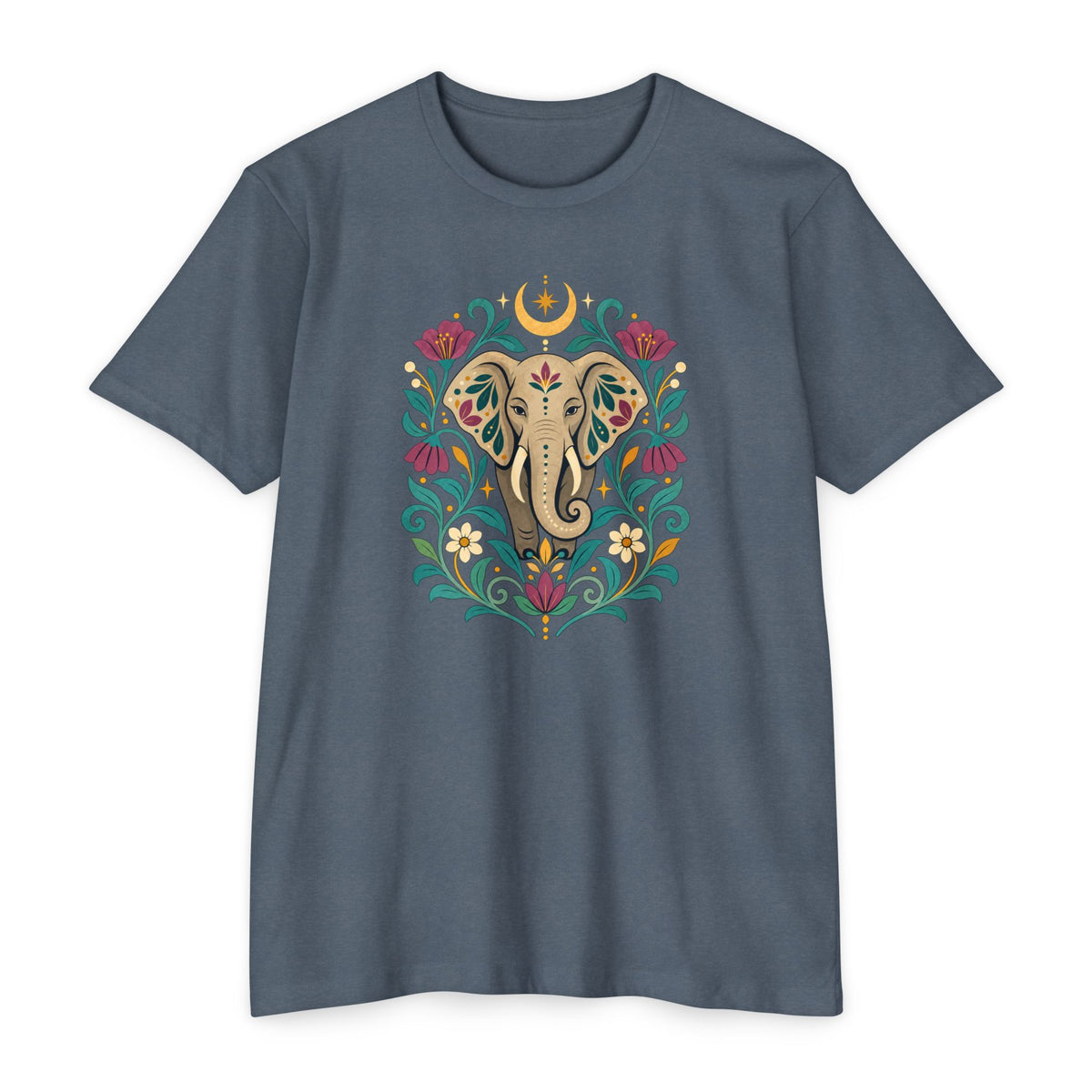 T-Shirt, Short Sleeve Boxy Crew Neck - Boho Indian-Inspired Elephant Floral