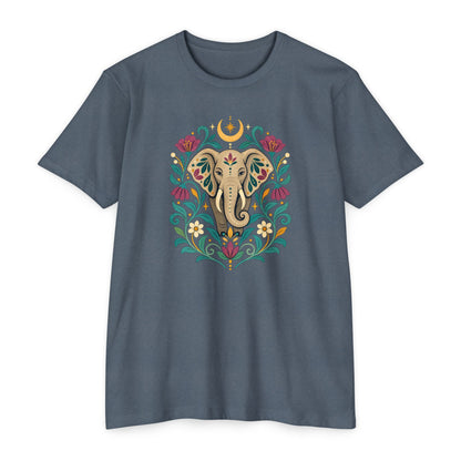 T-Shirt, Short Sleeve Boxy Crew Neck - Boho Indian-Inspired Elephant Floral