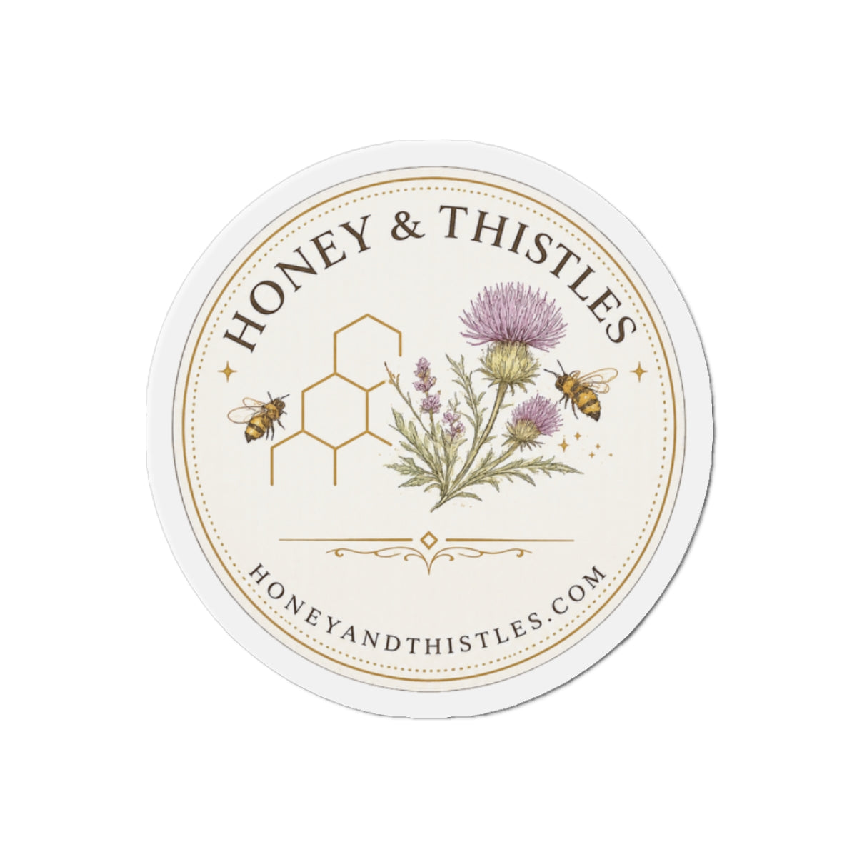 Honey & Thistles Round Die-Cut Magnet – Floral Bee Logo Refrigerator Magnet
