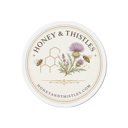 Honey & Thistles Round Die-Cut Magnet – Floral Bee Logo Refrigerator Magnet