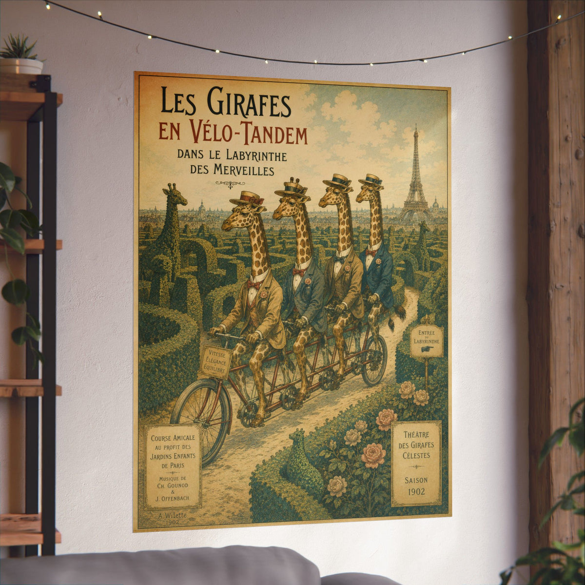 Poster, Art Print - Giraffes on Tandem Bicycles in a Maze